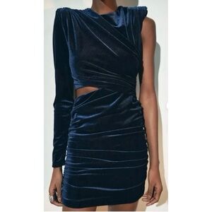 ZARA Blue One-Shoulder Velvet Mini Dress